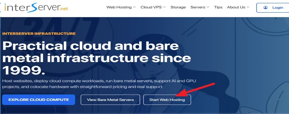 InterServer homepage with the Start Web Hosting button highlighted