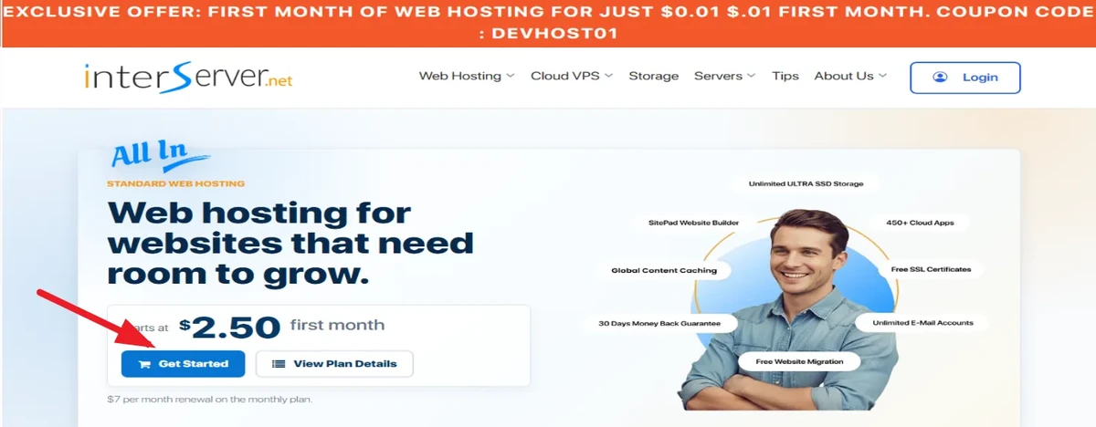 InterServer web hosting plans page showing the DEVHOST01 exclusive offer banner
