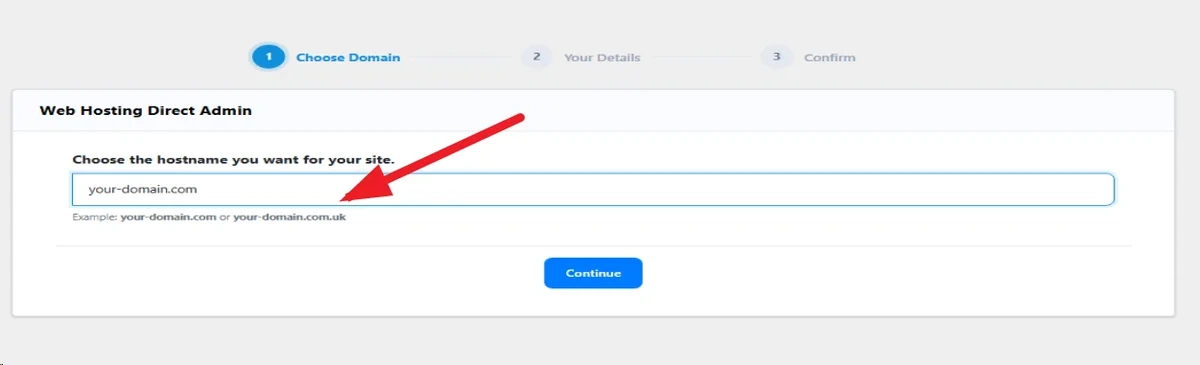 InterServer order step 1: choose domain screen with hostname field