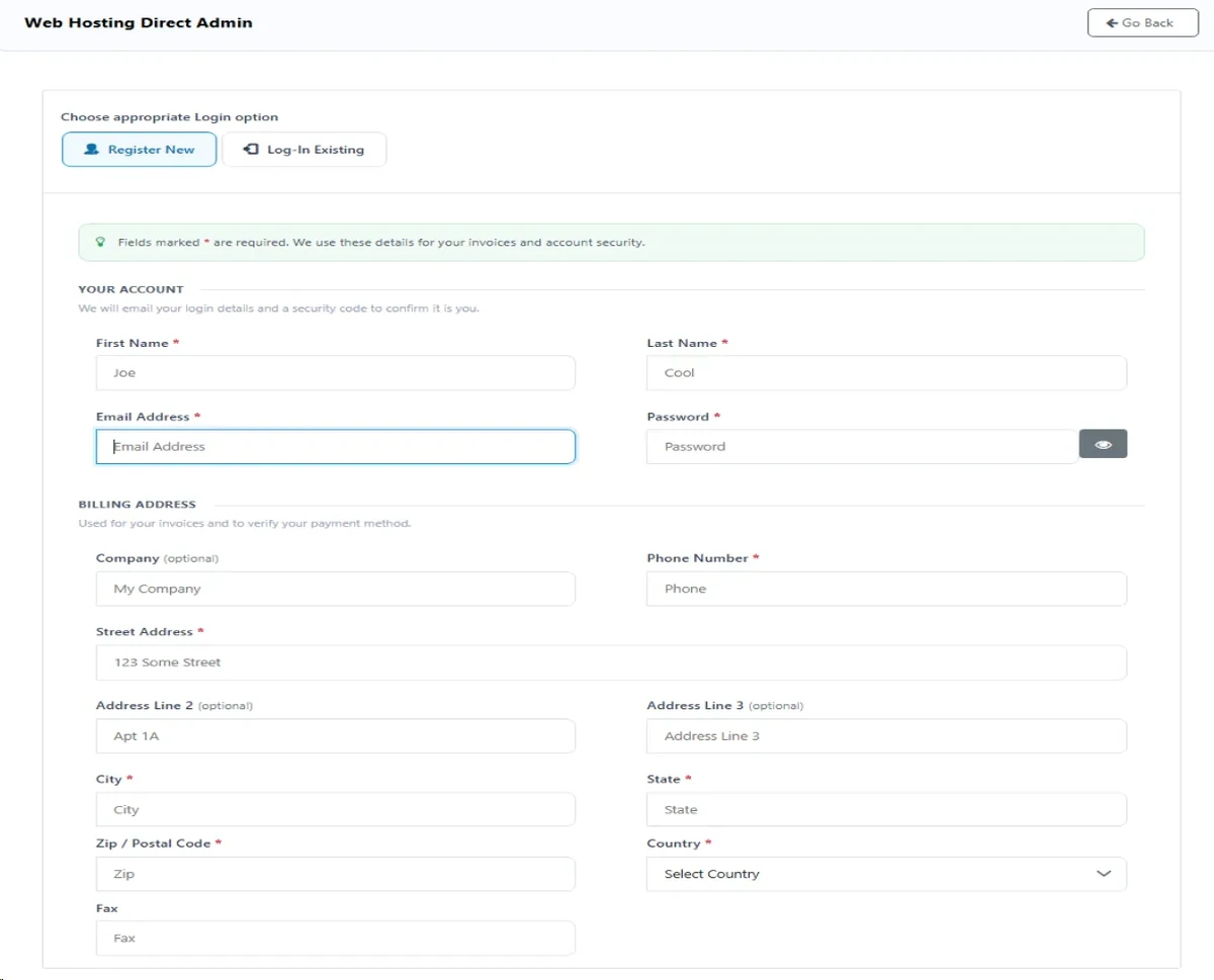 InterServer registration form: account details and billing address