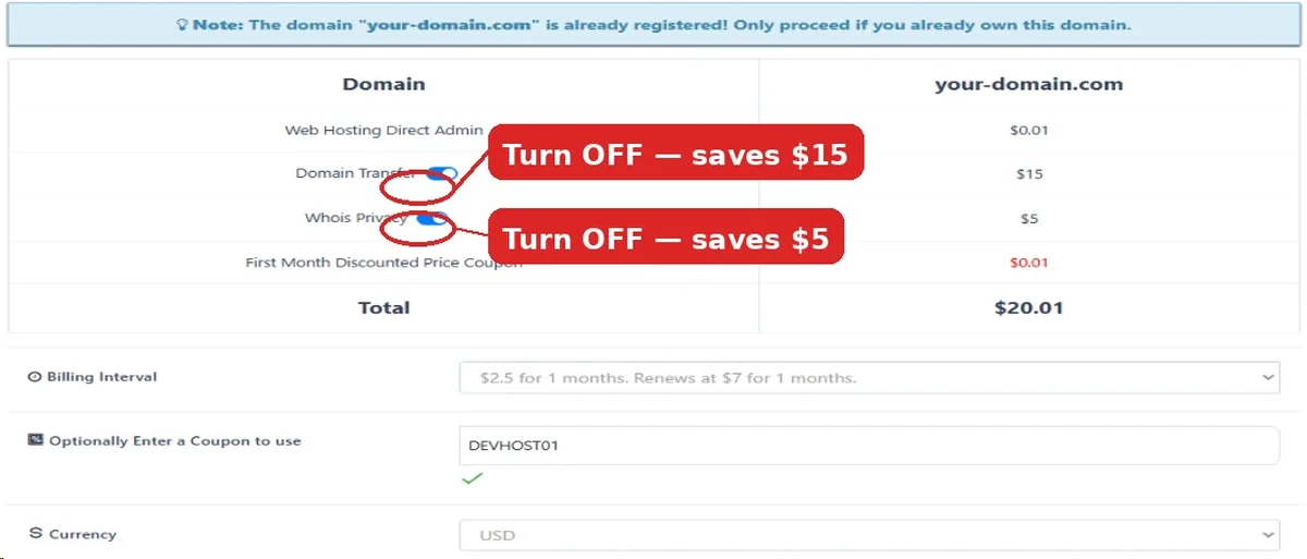 InterServer order summary: turn off Domain Transfer and Whois Privacy toggles to save $20