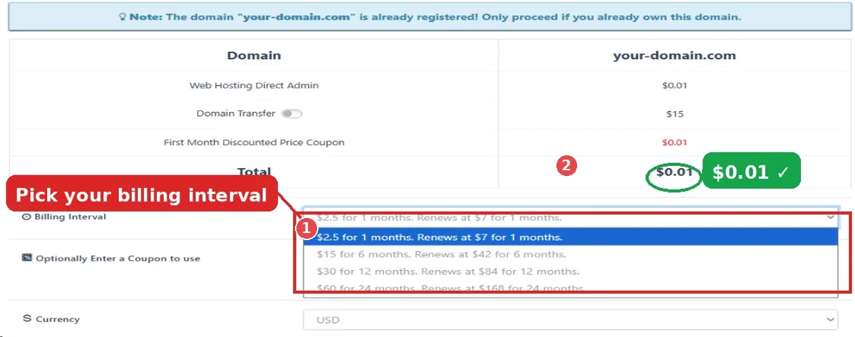 InterServer billing interval dropdown and $0.01 total with DEVHOST01 applied