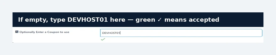 InterServer coupon field with DEVHOST01 entered and green checkmark