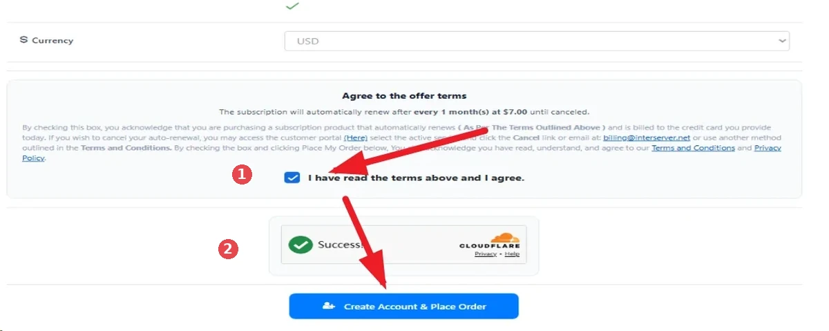 InterServer order confirmation: agree to terms and click Create Account and Place Order