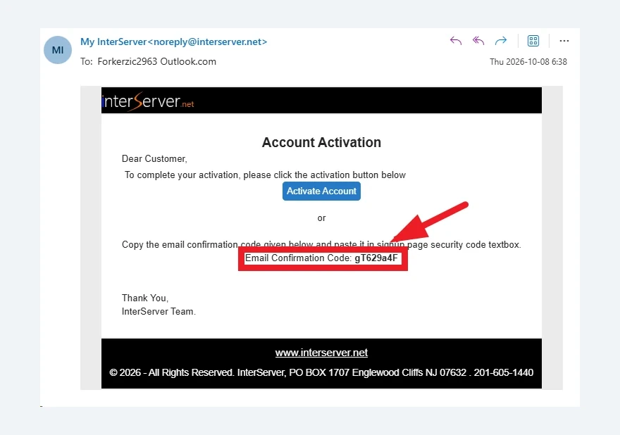 InterServer account activation email showing where the confirmation code is