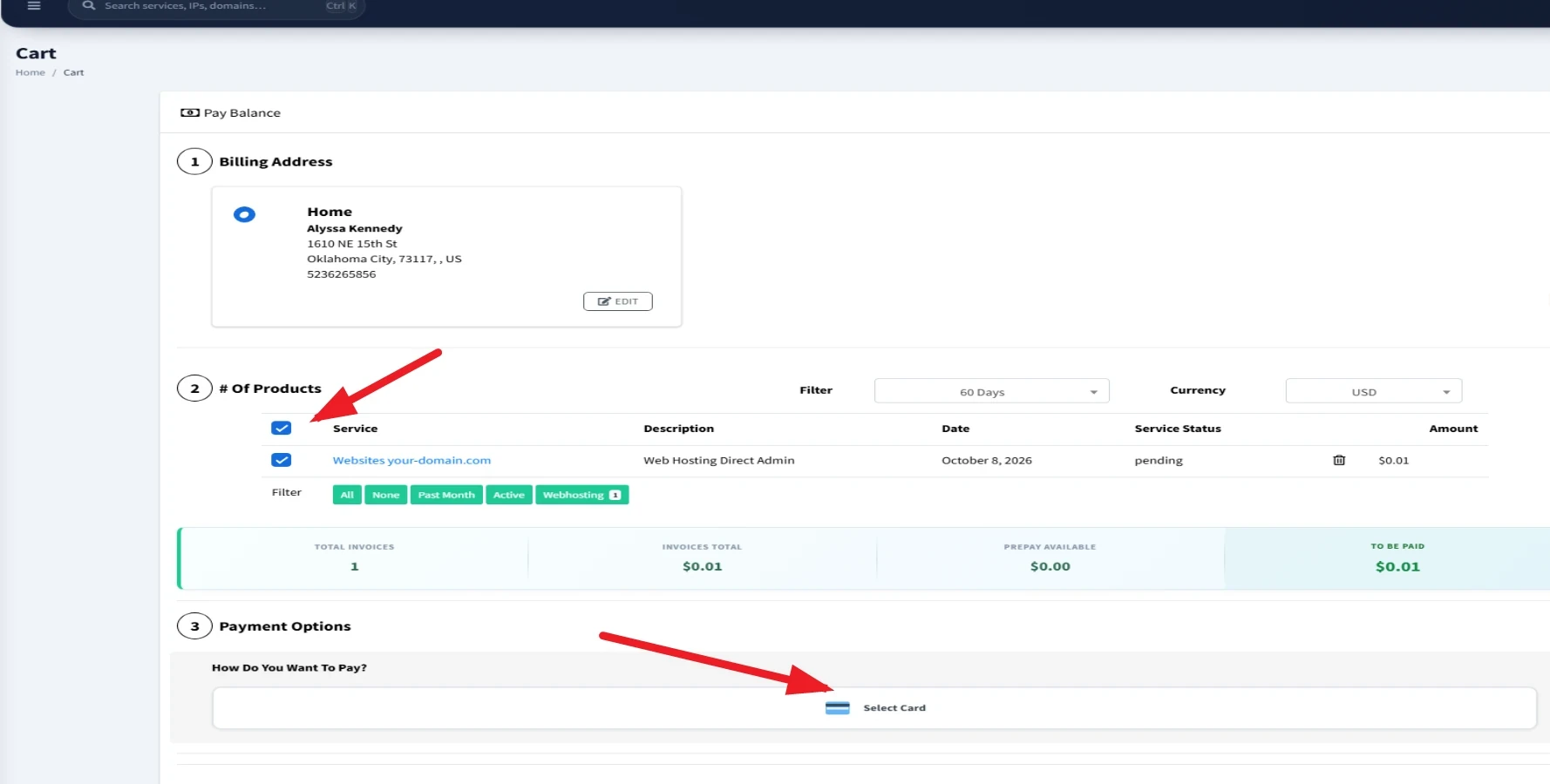 InterServer billing portal cart with the $0.01 order pending