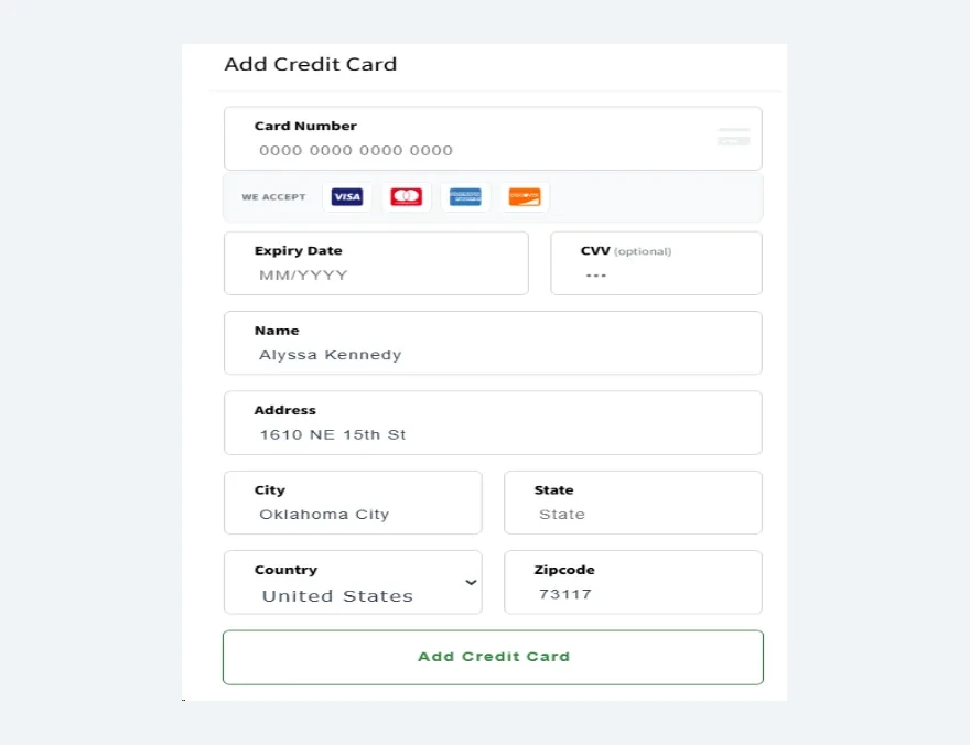 InterServer add credit card form