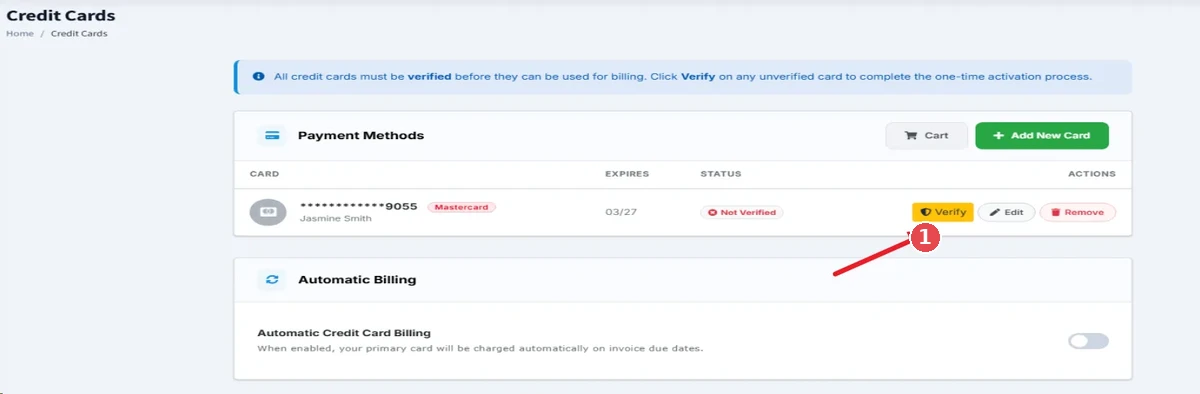 InterServer credit cards page: click Verify on the unverified card