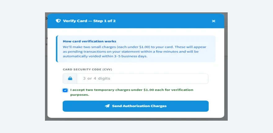 InterServer verify card step 1: enter CVV and accept authorization charges